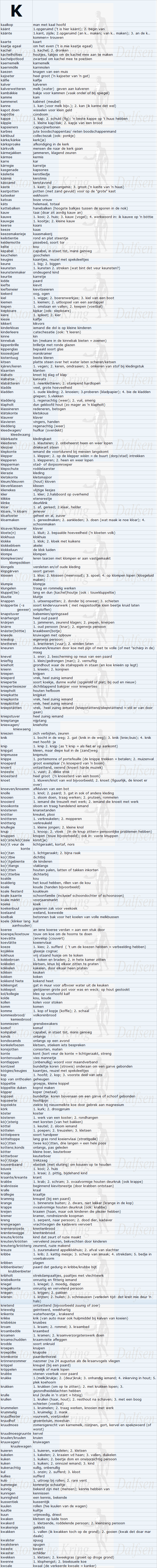 Dialect alfabet, woorden beginnend met de letter K.